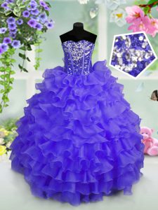 Sleeveless Organza Floor Length Lace Up Pageant Dress Womens in Blue with Ruffled Layers and Sequins