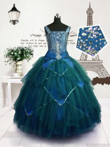 Sleeveless Tulle Floor Length Lace Up Pageant Dress for Teens in Teal with Beading and Belt