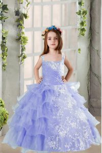 Classical Floor Length Lace Up Little Girls Pageant Dress Wholesale Lavender for Party and Wedding Party with Lace and Ruffled Layers