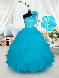 Turquoise Ball Gowns Organza One Shoulder Sleeveless Embroidery and Ruffles Floor Length Lace Up Pageant Dress Wholesale