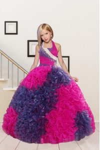 Great Fuchsia Pageant Dress for Teens Party and Wedding Party and For with Beading and Ruffles Halter Top Sleeveless Lace Up