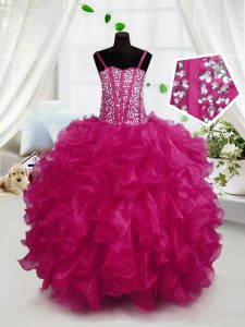 Stylish Hot Pink Sleeveless Beading and Ruffles Floor Length Pageant Gowns