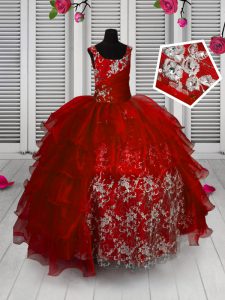 Red Organza Lace Up Little Girls Pageant Dress Wholesale Sleeveless Floor Length Appliques and Ruffled Layers