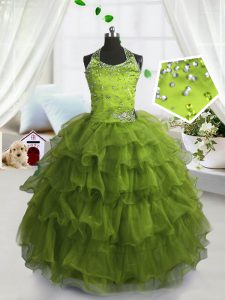 Olive Green Pageant Dress Toddler Party and Wedding Party and For with Beading and Ruffled Layers Scoop Sleeveless Lace Up
