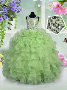 Lovely Scoop Sleeveless Organza Floor Length Zipper Little Girl Pageant Gowns in Apple Green with Ruffles and Sequins