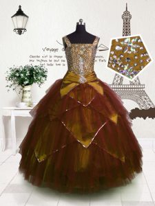 Brown Ball Gowns Straps Sleeveless Tulle Floor Length Lace Up Beading and Belt Pageant Dresses