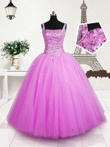 Superior Straps Sleeveless Pageant Dress for Womens Floor Length Beading and Sequins Rose Pink Tulle