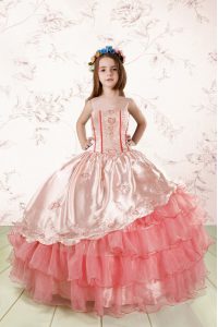 Baby Pink Lace Up Spaghetti Straps Embroidery and Ruffled Layers Little Girls Pageant Gowns Organza Sleeveless