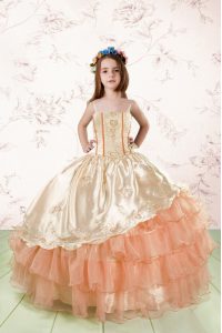 Orange Red Sleeveless Embroidery and Ruffled Layers Floor Length Pageant Dress