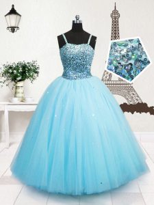 Best Floor Length Turquoise Pageant Dress for Girls Tulle Sleeveless Beading and Sequins