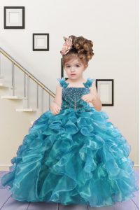 Sleeveless Organza Floor Length Lace Up Glitz Pageant Dress in Turquoise with Beading and Ruffles