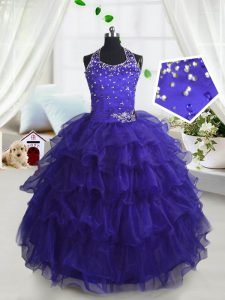 Scoop Beading and Ruffled Layers Glitz Pageant Dress Navy Blue Lace Up Sleeveless Floor Length