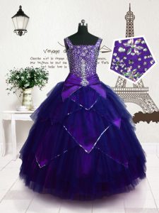 Customized Purple Tulle Lace Up Glitz Pageant Dress Sleeveless Floor Length Beading and Belt