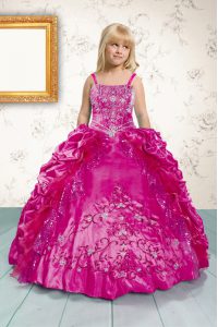 Hot Pink Lace Up Pageant Dress for Teens Beading and Appliques and Pick Ups Sleeveless Floor Length