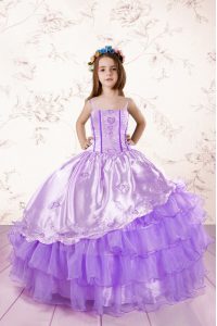 Spaghetti Straps Sleeveless Organza Pageant Gowns Embroidery and Ruffled Layers Lace Up