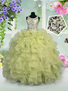 Scoop Floor Length Light Yellow Pageant Dress for Girls Organza Sleeveless Ruffles and Sequins
