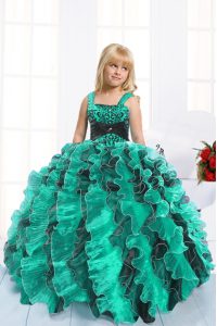 Hot Selling Teal Ball Gowns Organza Straps Sleeveless Beading and Ruffles Floor Length Lace Up Pageant Gowns For Girls