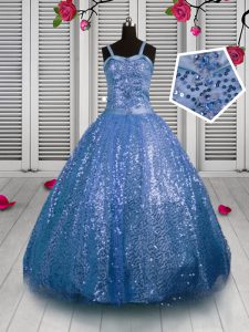 Baby Blue Lace Up Straps Sequins Pageant Dress for Girls Sequined Sleeveless