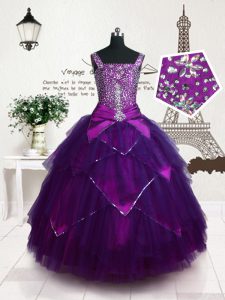Ball Gowns Pageant Dress Wholesale Purple Straps Tulle Sleeveless Floor Length Lace Up
