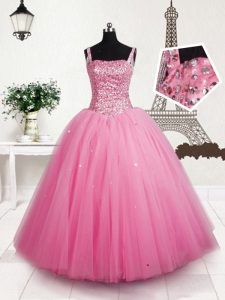 Baby Pink Tulle Lace Up Straps Sleeveless Floor Length Pageant Gowns Beading and Sequins