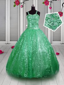 Perfect Green Sequined Lace Up Straps Sleeveless Floor Length Pageant Dress Wholesale Sequins
