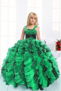 Sleeveless Organza Floor Length Lace Up Pageant Gowns in Green with Beading and Ruffles