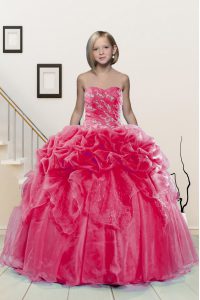 Floor Length Hot Pink Pageant Dresses Organza Sleeveless Beading and Pick Ups
