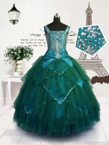 Teal Tulle Lace Up Straps Sleeveless Floor Length Pageant Dresses Beading and Belt