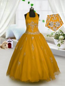Orange Tulle Lace Up Halter Top Sleeveless Floor Length Little Girl Pageant Gowns Appliques