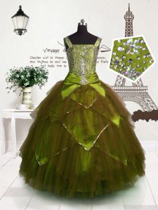 Brown Straps Lace Up Beading and Belt Pageant Dress Womens Sleeveless