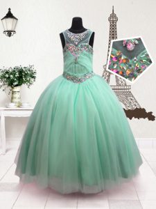Turquoise Organza Zipper Scoop Sleeveless Floor Length Kids Pageant Dress Beading