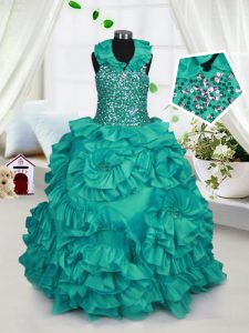Halter Top Taffeta Sleeveless Floor Length Little Girls Pageant Dress Wholesale and Beading and Ruffles