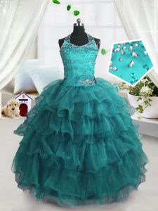 Custom Fit Turquoise Organza Lace Up Spaghetti Straps Sleeveless Floor Length Custom Made Pageant Dress Beading and Ruffled Layers