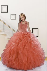 Halter Top Floor Length Ball Gowns Sleeveless Watermelon Red Pageant Gowns Lace Up