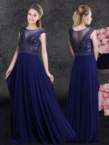 Scoop Cap Sleeves Floor Length Side Zipper Mother Of The Bride Dress Navy Blue for Prom and Military Ball and Wedding Party with Beading and Appliques