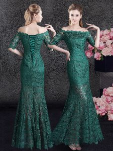 Latest Mermaid Scalloped Lace Dark Green Lace Up Half Sleeves Floor Length