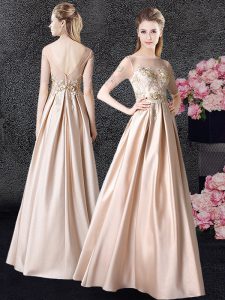 Fine Champagne Empire Taffeta Scoop Half Sleeves Appliques Floor Length Zipper Mother Of The Bride Dress