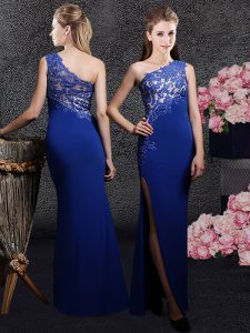 Chic Royal Blue One Shoulder Side Zipper Lace and Appliques Dress for Prom Sleeveless