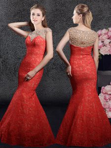 Eye-catching Mermaid Cap Sleeves Lace Floor Length Zipper in Red with Beading and Lace