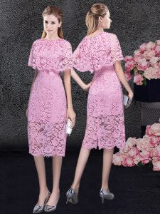 Graceful Scoop Half Sleeves Prom Evening Gown Knee Length Lace Pink Lace