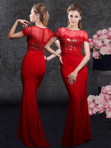 Fashion Scoop With Train Red Prom Dress Elastic Woven Satin Brush Train Short Sleeves Appliques and Sequins