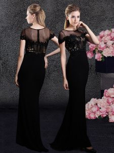 Scoop Appliques and Sequins Homecoming Dress Black Zipper Short Sleeves With Train Sweep Train