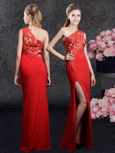 Sweet Chiffon One Shoulder Sleeveless Side Zipper Lace and Appliques Prom Party Dress in Red