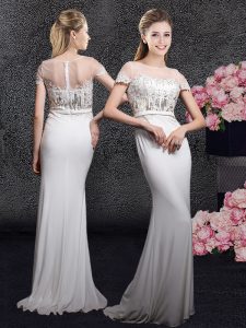 White Column/Sheath Scoop Short Sleeves Elastic Woven Satin With Brush Train Zipper Appliques and Sequins Mother Of The Bride Dress