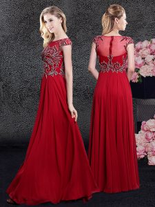 Hot Selling Scoop Cap Sleeves Zipper Mother Of The Bride Dress Red Chiffon