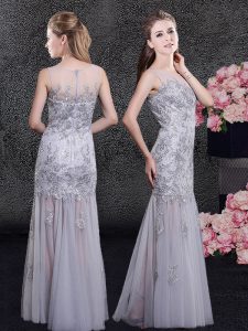 Attractive Scoop Sleeveless Floor Length Lace and Appliques Zipper Mother Of The Bride Dress with Grey