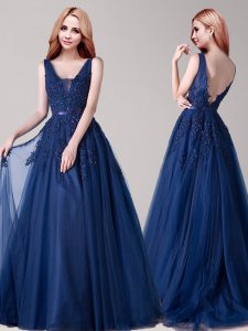 Floor Length Backless Mother Of The Bride Dress Navy Blue for Prom with Appliques and Belt