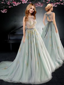Scoop Sleeveless With Train Appliques and Bowknot Backless Mother Of The Bride Dress with Apple Green Brush Train