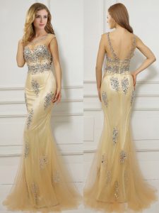 New Style Mermaid Gold Tulle Backless Scoop Cap Sleeves With Train Mother Of The Bride Dress Brush Train Beading