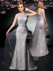 Charming Grey Column/Sheath Tulle and Lace Bateau Sleeveless Lace and Belt With Train Backless Dress for Prom Watteau Train
